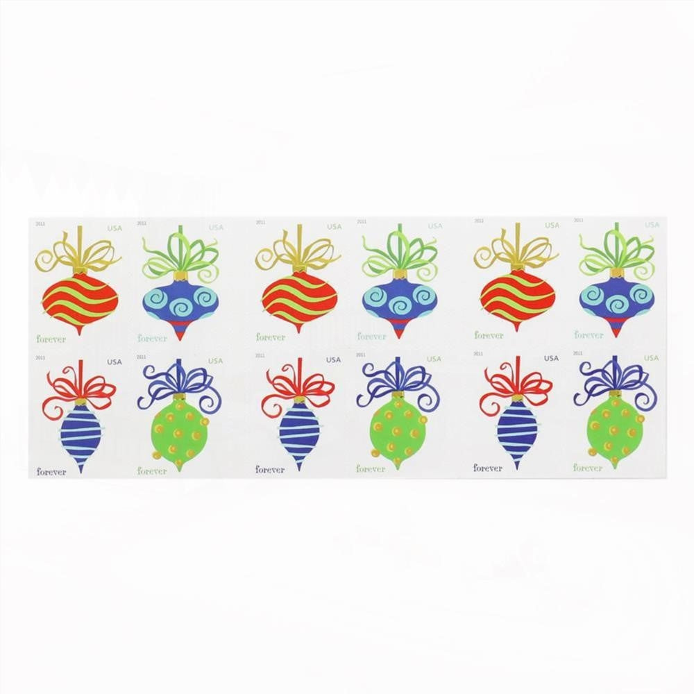 100Pcs 2011 First-Class Forever Stamp - Holiday Baubles: Green and Red Wavy Line Ornament (Ashton Potter)
