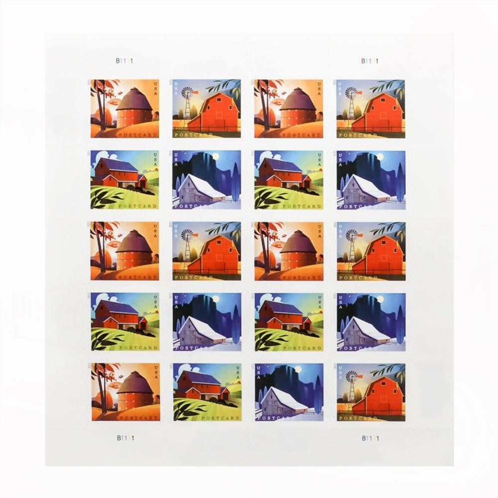 100Pcs 2021 US Barns Postcard Stamps Panes