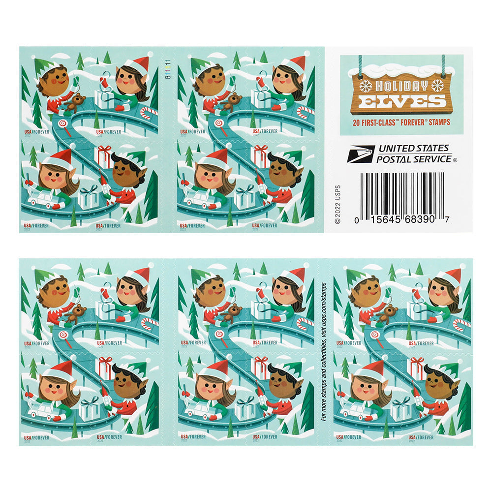 100Pcs 2022 Holiday Elves Forever First Class Postage Stamps