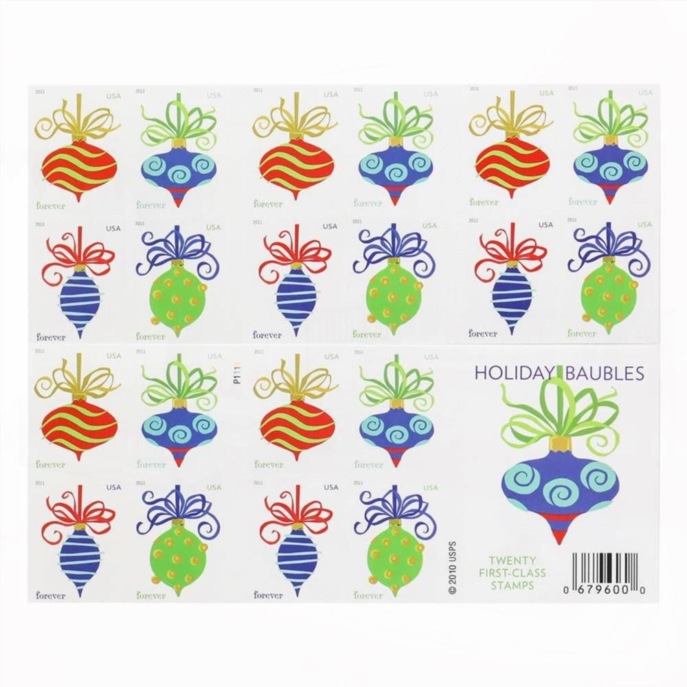 100Pcs 2011 First-Class Forever Stamp - Holiday Baubles: Green and Red Wavy Line Ornament (Ashton Potter)