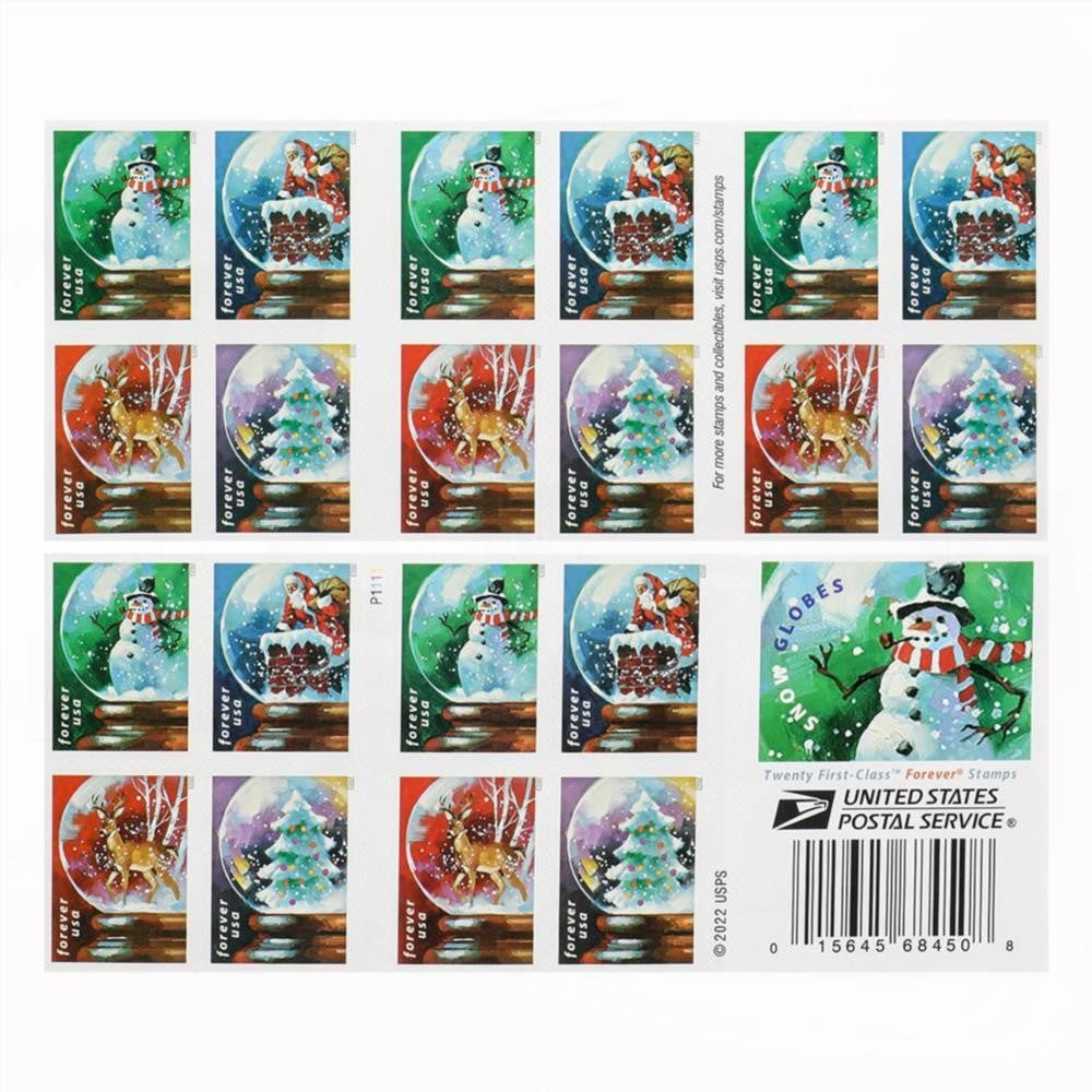 100Pcs 2023 US Snow Globes Christmas Forever Stamps Book